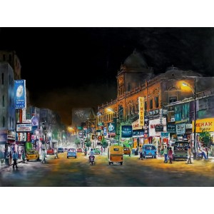 Hanif Shahzad, Zaibun Nisa Street - Karachi, 27 x 36 Inch, Oil on Canvas, Landscape Painting, AC-HNS-105